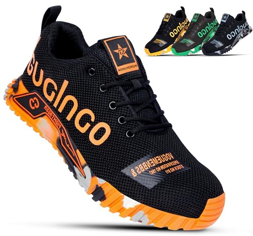 Aohuyergai Zapatos de Seguridad para Hombre Zapatillas De Seguridad Ligeros Mujer con Punteras De Acero, Zapatos De Trabajo Comodos, Zapatos Industriales De Construcción Transpirables Naranja 43EU