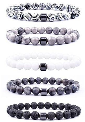 AMOR SPES 5PCS Natural Stone Beads Bracelet Set Turquoise Volcanic Stone Wrap Bracelets Beach Gifts Black White Grey (A)