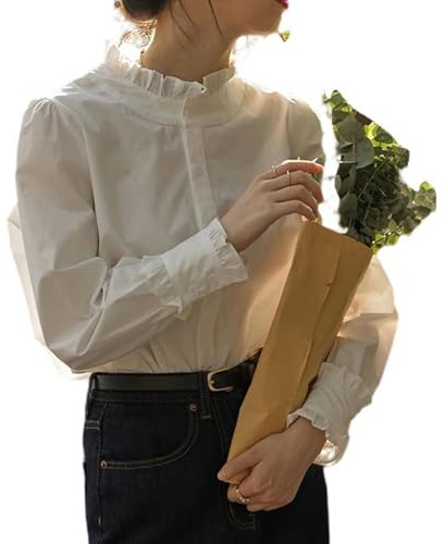 Camisa Blanca con Cuello de Encaje para Mujer, Camisa con Volantes en la Parte Inferior, Top pequeño de Estilo fragante - Blanco - XL