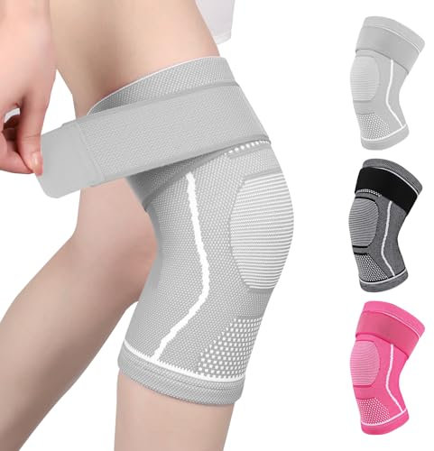 Yasdyri Kniebandage für Männer und Damen Kniestütze Kompression für Kniebandagen mit Verstellbarer Klettverband für Basketball, Volleyball, Yoga, Laufen (Grau, XXL)