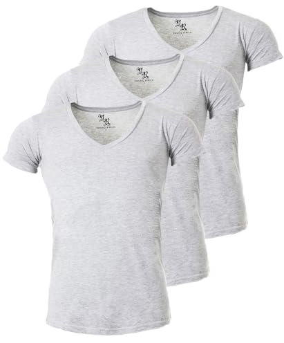 Young & Rich Herren Uni T-Shirt mit extra tiefem V-Ausschnitt Slimfit Stretch Dehnbare Passform einfarbiges Basic Shirt - 3er Pack, Grösse:M, Farbe:Hellgrau