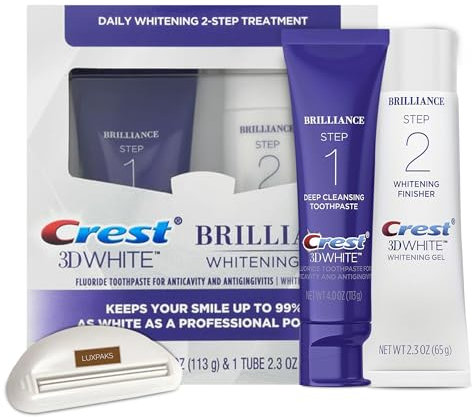 CRST 3D White Brilliance 2 Step Kit – Deep Clean Toothpaste (4oz) + Teeth Whitening Gel (2.3oz) Bundled with LUXPAKS Toothpaste Squeezer – Advanced Whitening and Deep Clean System