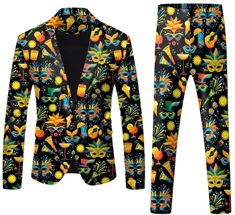 YOSUWOAI Traje para hombre, carnaval, fiesta temática, disfraz de máscaras divertidas, trajes con estampados coloridos, disfraz de carnaval de los años 60, chaqueta y pantalones, corte ajustado, 2