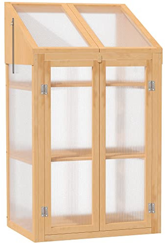 Outsunny Serre en Bois 70 x 50 x 120 cm, Serre avec Couverture, fenêtre, Double Porte, translucide, bac à Plantes avec 3 étagères, résistante à l'hiver, pour Jardin, Balcon, Brun