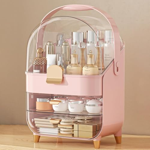 SIOOUI Makeuporganizer med lock och lådor – Kosmetikdisplayfodral & hudvårdsförvaring med dammtäck för parfymförvaring på badrumsskåp eller byråskiva – Rosa