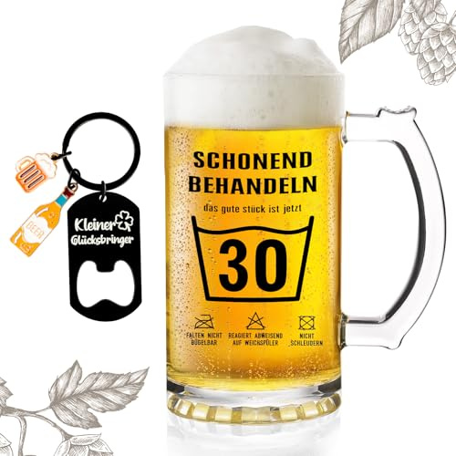 „Das gute Stück ist 30“ Bierglas – Lustiges 30. Geburtstag Geschenk für Männer & Frauen – Hochwertiger 0,5L Bierkrug ohne Blasen + Schlüsselanhänger mit Flaschenöffner – Witziges Geburtstagsgeschenk