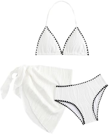 Girls 3 Piece Bikini Set Halter Triangle Neck Swimsuit Quick Dry Comfortable Stretchy Girls Swimming Costume with Cover Up Skirt for Summer Beach Sunbath Surfing Suit Age 8-12 Years (White, 11Y)