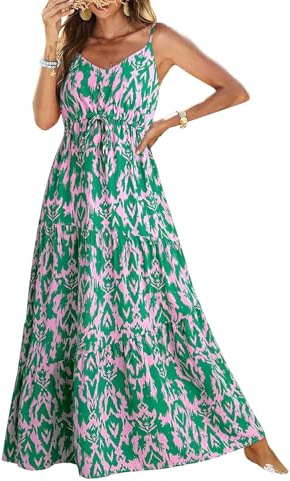 JENJON Femme Robe Longue Spaghetti Bretelles Imprimée Col en V Bohème Elégante Taille Haute Décontractée Robes de Plage avec Ceinture Ete