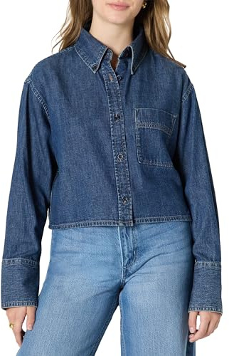 Amazon Essentials Women's Modern Oversized-Fit Cropped Denim Button-Down Shirt, Medium Blue Vintage, M