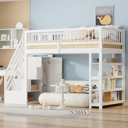 LANTRO JS Hochbett 90x200 mit Kleiderschrank, Kinderbett Hochbett mit Treppe und Stauraum, Stockbett, Kinderhochbett, Ohne Matratze, Weiß