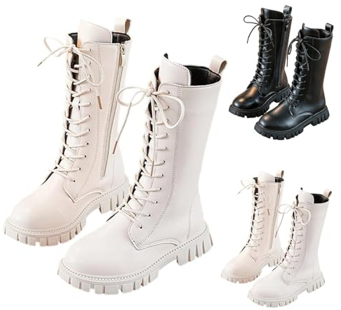 Girls Lace Up Riding Boots Mid Calf Combat Boots PU Leather Waterproof Fall Winter Side Zipper Punk Goth Boot Fashion Punk Non Slip Cowgirl Fleece Lined Solid Color 4-11 Years White
