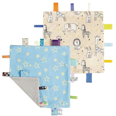 CREVENT Etikett- säkerhetsfiltar för spädbarn, mjuk liten sensorisk gosig filt, fantastiska presenter för födelsedag och babyparty – 24 x 24 cm/10 x 10 blå stjärna + zoo