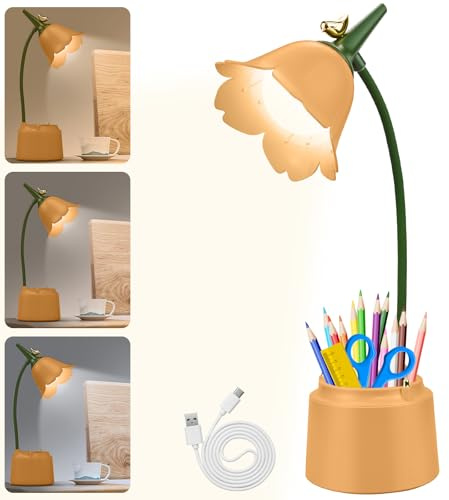 LED Flower Desk Lamp Cordless Table Light - Rechargeable Desk Lamp for Children, YELLOW Cute Cordless 3 Color Modes Dimmable Touch Control USB Girls Bedside Lamp Desk Light for Children Reading Study