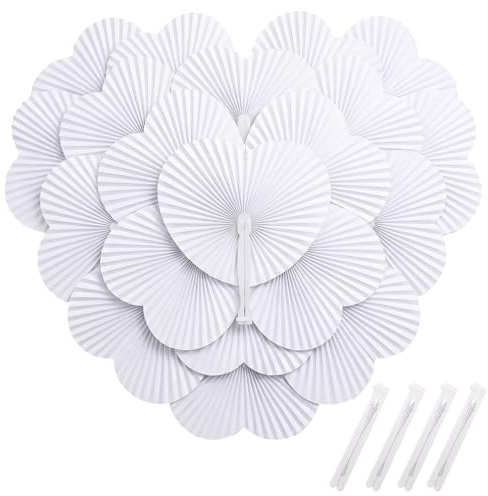 GWHOLE Eventails Mariage Blanc Lot de 48 Éventail Papier Pliant en Forme de Cœur, Cadeau Invités à Personnaliser (DIY) pour Baptême, Cérémonie et Décoration (24,5 x 22 cm)