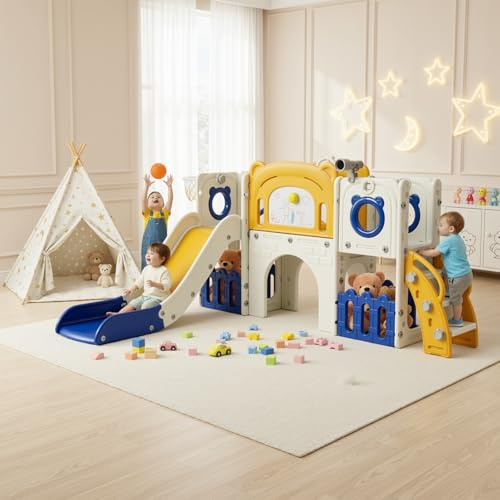 MAMIZO 10 in 1 Scivolo per Bambini, Scivolo Giocattolo da Interno o Esterno Canestri da Basket e Telescopi, Scivolo da Giardino Spazio di Deposito e Tunnel, mit 4PCS Moduls, Blu Giallo