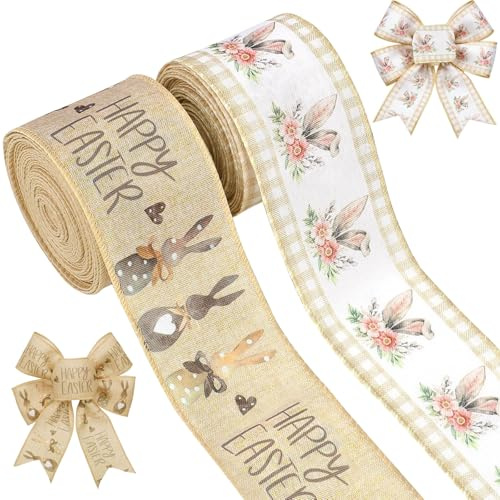 Cinta de Pascua 2,5 Pulgadas Cinta Lazo Regalo, 5 Yardas Cintas Decorativa Tela, Cintas de Alambre para DIY Envoltura de Regalos, Manualidades, Coronas, Cestas de Pascua (2 Rollos)