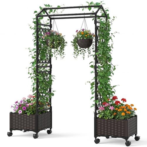 FANTASK 2 in 1 Rosenbogen mit Pflanzkästen, Pflanzkübel mit hängendem Dach & Rankgitter, Rosen Rankhilfe auf Rollen, Metall & PP-Rattan, Rankkasten für Kletterpflanzen (Braun)