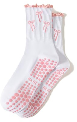 Heyielda Cute Pilates Socks with Grips for Women Ruffle Grippy Socks for Yoga Hospital Elderly (1 Pair-3 bow)