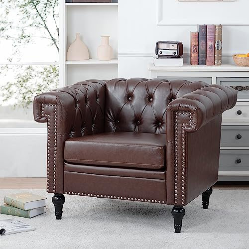 Eafurn Modern Chesterfield Accent Chair, Tufted Faux Leather Armchair with Pocket Spring Cushion & Nailhead Trim, Oversized PU Leather Club Chair with Birch Wood Legs for Living Room, Office