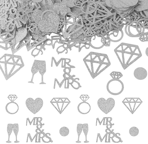 200Pcs Wedding Confetti,Glitter Silver Wedding Table Decorations Mr & Mrs Diamond Ring,Congratulations Confetti,Glitter Paper Wedding Table Decoration for Reception Engaged Anniversary Valentine’s Day