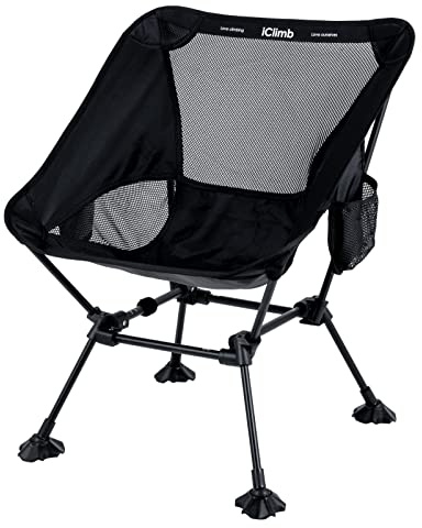 iClimb Ultralight Compact Camping Folding Beach Chair with Anti-Sinking Large Feet and Back Support Webbing (Black - Square Frame)