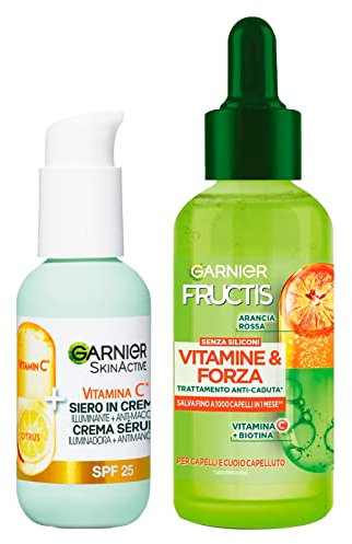 Garnier Fructis Vitamine und Stärke Behandlung gegen Haarausfall sprödes Haar mit Biotin und Vitamin C 125 ml + Skinactive Vitamin C Gesichtsserum in aufhellender und Anti-Flecken-Creme mit LSF25 50