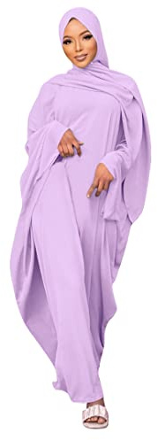 Muslim Abaya Dress for Women, Loose Solid Prayer Dress&Hijab Chiffon Long Sleeve Full Coverage Dubai Kaftan Dress Middle East Arabian Caftan Kimono Robe Islamic Ball Gown Lavender&Hijab One Size