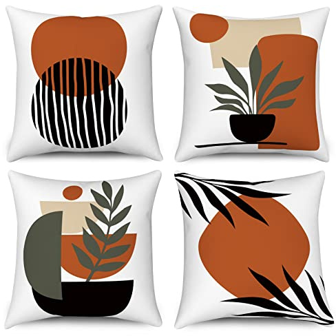 Hnmdmyi Housse de Coussin Boho 40x40 Set de 4, Feuille Abstraite Plante Coucher de Soleil Décoratif Taie d'oreiller Ligne géométrique Art Moderne Minimaliste Housse de Coussin en Lin esthétique