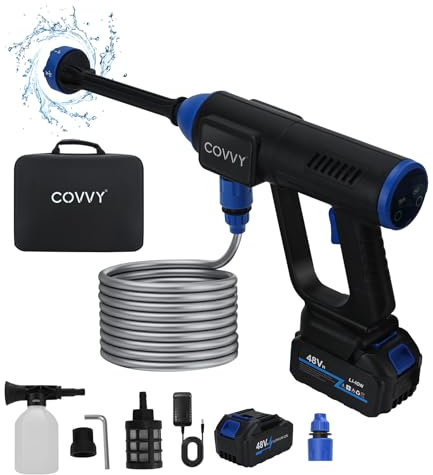 COVVY Akku Hochdruckreiniger,725 PSI Psi Akku Jet Washer Mit 1,5-Ah-Akku,Ladegerät,Schaumgenerator,10 m Schlauch,Schlauchanschluss,Filter,6-in-1-Düse,Strahlreiniger für die Auto-/Zaun-/Gartenreinigung