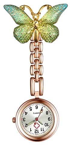 Aroncent Reloj de enfermera colgante con pin: fácil de leer con decoración de mariposa y estetoscopio de segunda mano, relojes de bolsillo con solapa para médico enfermera, verde