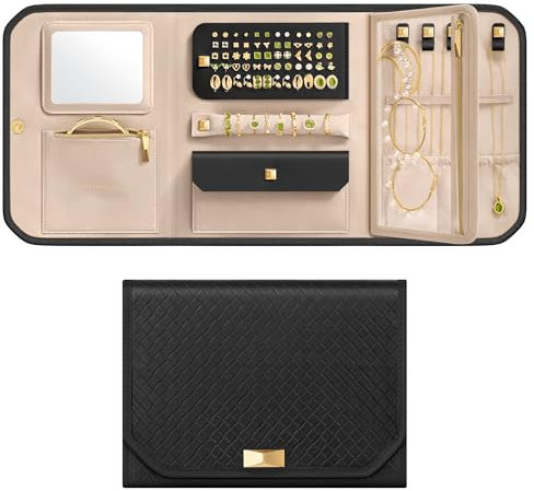 SONGMICS HOME RONNE Collection - Travel Jewellery Organiser, Foldable Jewellery Case with Mirror, Sectioned Storage, Large Capacity, Woven Embossed PU Leather, Gift Idea, Ink Black JBC196B01