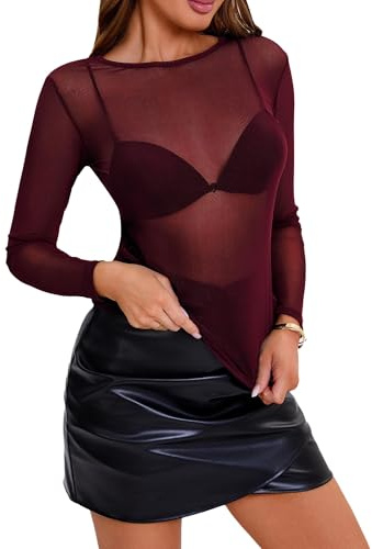 Eisnnu Mujer Camiseta Transparente Manga Larga Camiseta Sexy Malla Top Camiseta básica de Manga Larga para Fiesta, Ropa para Discoteca(FR,L,Rojo)