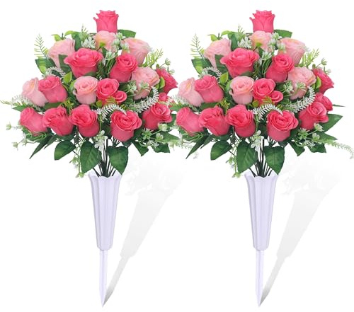 LOSFOTBO Set of 2 Artificial Cemetery Flowers, Grave Memorial Flowers with Vase, Outdoor Grave Decorations Roses for Cemetery Headstones Decoration (Pink)