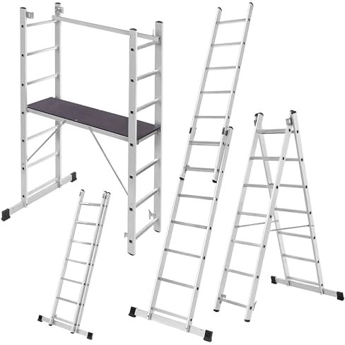 KADAX Échafaudage en aluminium - 114 x 187 cm - 14 marches - Échelle multifonction avec plateforme et pieds antidérapants