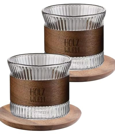 Holzwurm Espressotassen Set Glas 170 ml inkl. Walnuss Holz, Cappuccino Gläser, Teetasse für Tee, Espresso Tassen, Mokka Tassenset für Kaffeeliebhaber (Transparent, 2er Set)