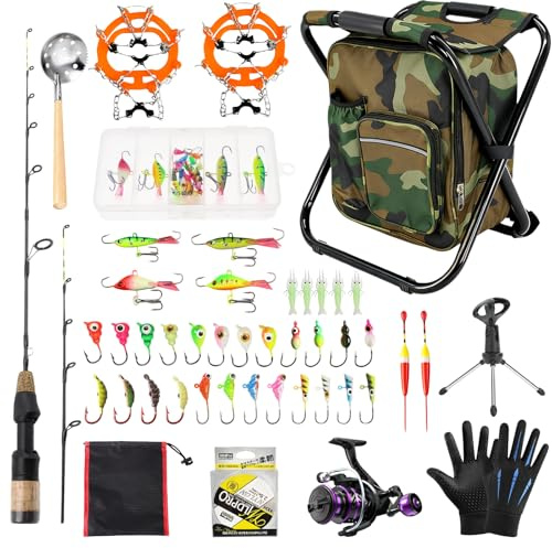 FishingPepo Ice Fishing Rod Reel Combo Complete Set Ice Fishing Gear with Backpack Seat Ice Cleats Ice Fishing Jigs Line Full Ice Fishing Kit