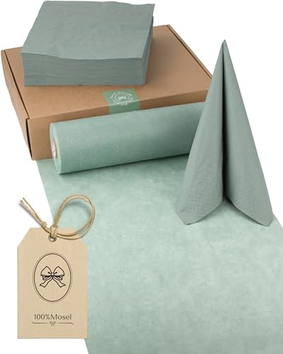 100%Mosel Set de Decoración de Mesa – Verde Eucalipto (25–50 Invitados) Camino de Mesa de Vellón y Servilletas de Papel para Boda, Bautizo, Comunión & Cumpleaños
