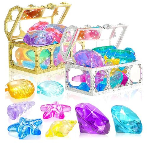 Juguetes de buceo, 32 piezas de juguetes de buceo en piscina, colorido, varias formas, diamantes con caja de pirata del tesoro, plástico bajo el agua, piscina para niños pequeños, playa para ni
