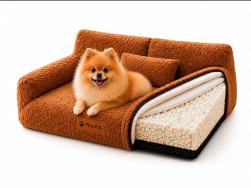 PinoPet House Canapé pour Chien et Chat 65×45×26 cm - Panier Moelleux Gris/Marron, Tissu résistant aux griffures, Soutien Optimal des articulations, Housse Lavable, Base antidérapante