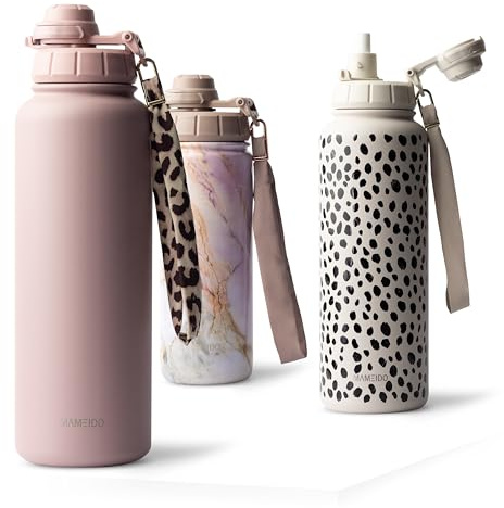 MAMEIDO Thermosflasche mit Strohhalm 700 ml, auslaufsichere Trinkflasche Edelstahl isoliert, Wasserflasche mit Trageschlaufe, Isolierflasche BPA-frei (Powder Blush)