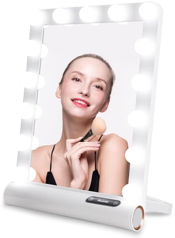 Auxmir Espejo Maquillaje con Luz, 15 Bombillas Espejo de Tocador, Espejo Hollywood 3 Colores de Luz, Control Táctil, Brillo Regulable, Espejo con Luz LED Colgar Pared Portátil, Blanco