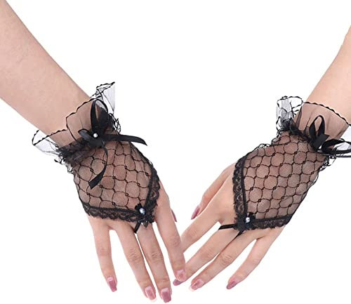 Carufin Brauthandschuhe Hochzeitskleid Handschuhe Fingerlose Spitzenhandschuhe Kurz gestrickte Strickhandschuhe (Schwarz)