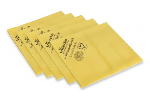 Vileda Professional, Bayeta r-MicronQuick, Amarillo, 5u, Microfibra Ultrafina reciclada, Elimina 99,99% bacterias y Virus BCoV, 400 Lavados, Secado sin rastros, Tecnología Egolon