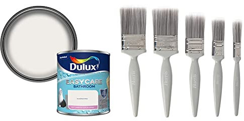 Dulux 500001 Easycare Bathroom Soft Sheen Emulsion Paint For Walls And Ceilings - Pure Brilliant White 1L and Harris Essentials Walls & Ceilings Paint Brush Set | Pack of 5 | 0.5, 1, 1.5, 2