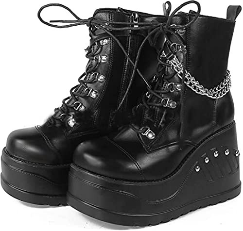 Stivali a tubo medio con suola spessa Stivali con suola spessa da donna Stivali corti punk Altezza tacco alto heel10CM / 4INCH Stivali da cavaliere con catena da motociclista