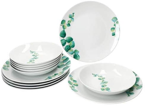 MamboCat Service de Table Eucalyptus 12 Pièces - Vaisselle en Porcelaine Blanche Avec Décor Végétal Vert pour 6 Personnes - Assiettes Creuses et Plates