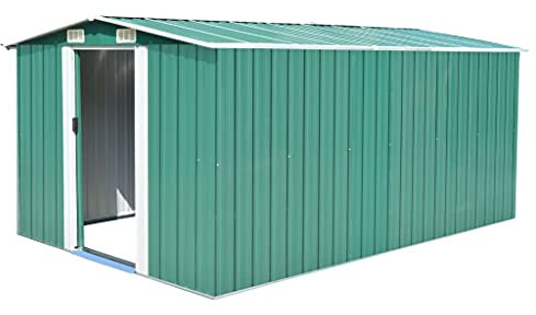 ARKEM Casetta da Giardino per Attrezzi, Capanno in Lamiera d'Acciaio con Tetto Inclinato, Ripostiglio per Attrezzi con Porte Scorrevoli per Giardino,Casetta da Giardino 257x392x181 cm in Metallo Verde