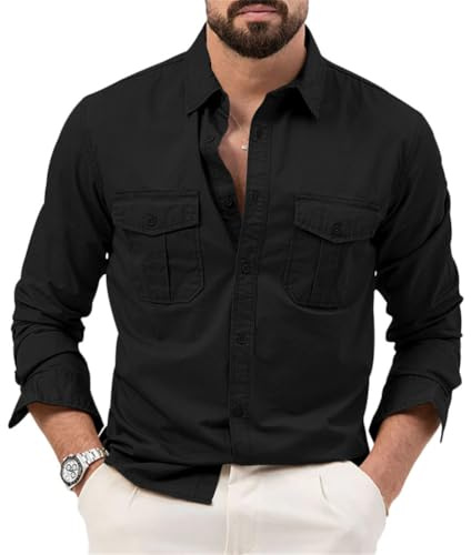 seiveini Camisa de Exterior para Hombre Manga Larga Transpirable de Secado Rápido Outdoor Blusa Camisas para Senderismo, Pesca, Trekking Camisa Funcional para Hombre Vintage A Negro M