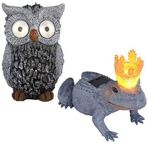 Globo Solar Eule Gartenskulptur für Außen Gartendeko Frosch Figur Skulptur grau Akku, Kunststoff, LED 0,06 Watt, 2er Set