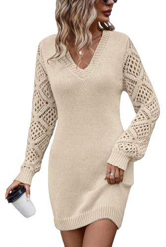 shownicer Robe Hiver Femme Elegant Manche Longue Robe Pull A-Line à Col Rond pour Femme Robe Pull Casual Robe Automne Hiver A Beige L